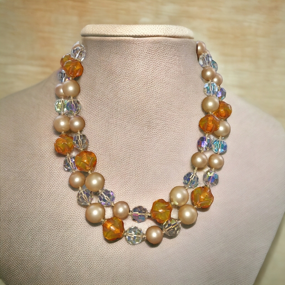 Vintage Rhinestone and Faux Pearl 2 strand Necklace Craft Read Full description